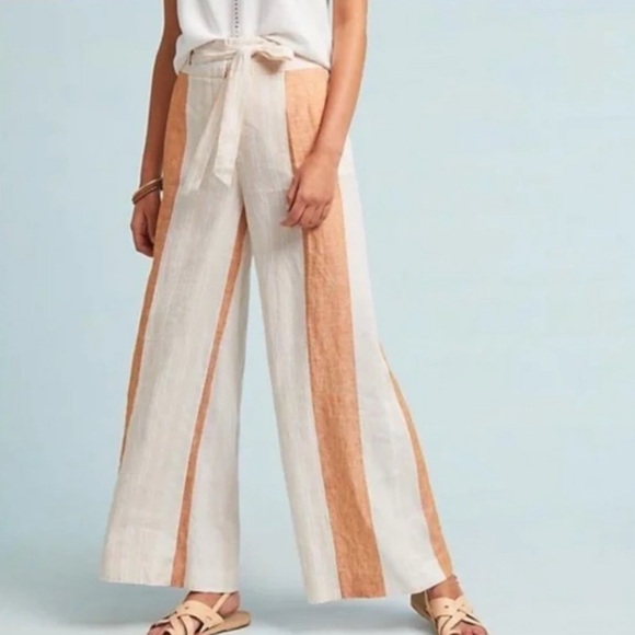Anthropologie ETT TWA Striped Wide Leg Linen Pants Belted - Picture 3 of 9